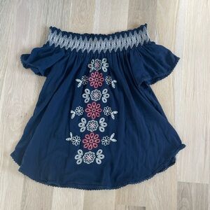 Altar'd State Navy Blue Off-Shoulder Shirt with Floral Embroidery - Small